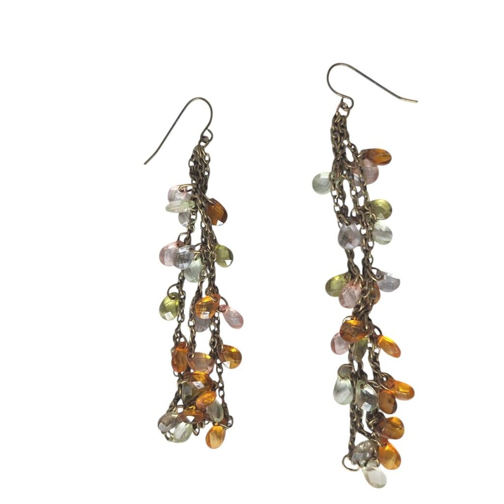 Vintage Boho Chandelier Earrings Multi Color Glass Beaded Brass